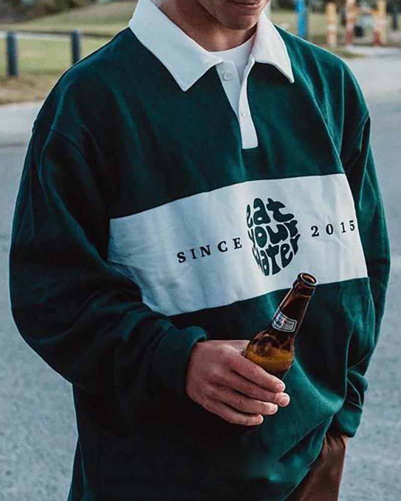 

Men Letter Print Button Design Long Sleeve Sweatshirt, Green