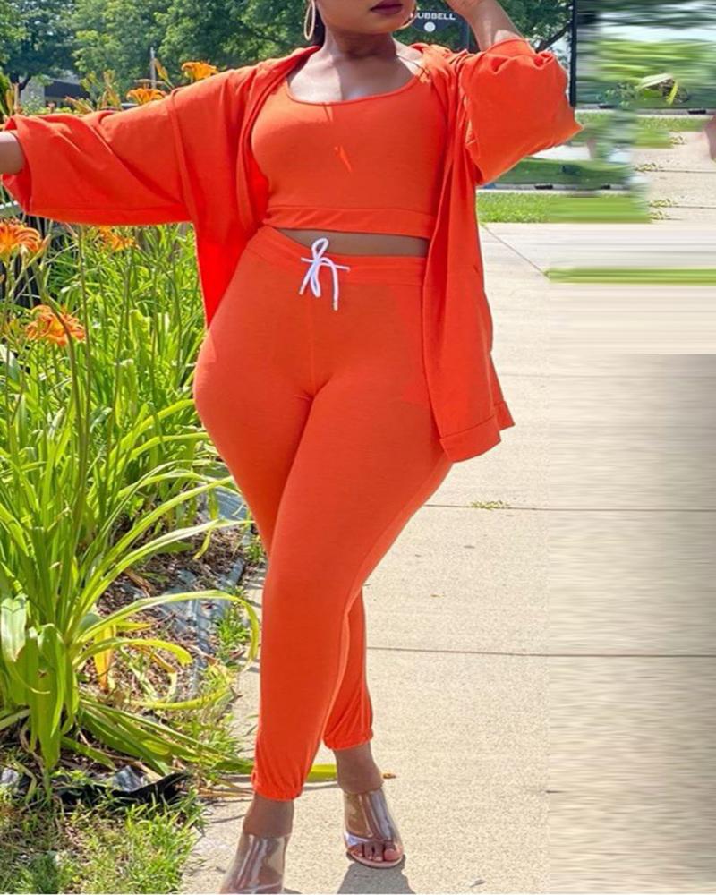 

Sleeveless Crop Top & Drawstring Pants Set With Hooded Coat, Orange
