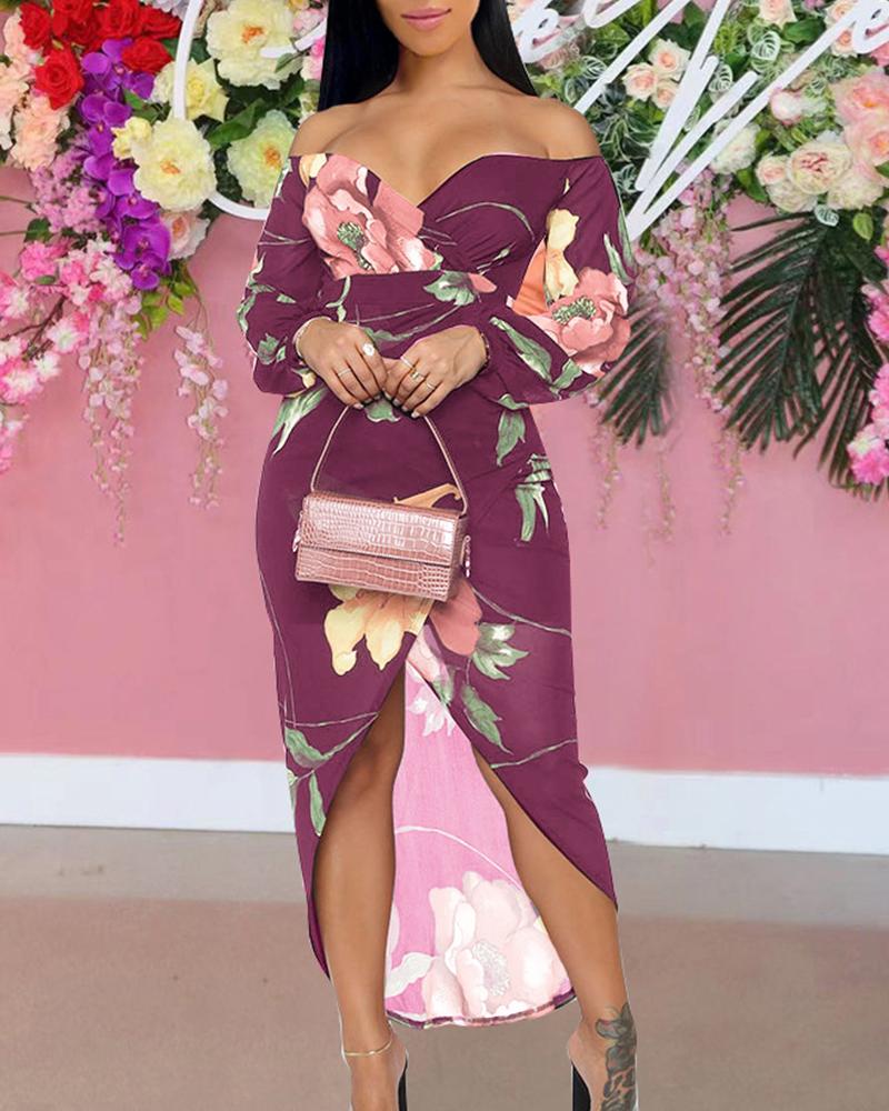 

Floral Print Mesh Off Shoulder Wrap Split Bodycon Dress, Purple