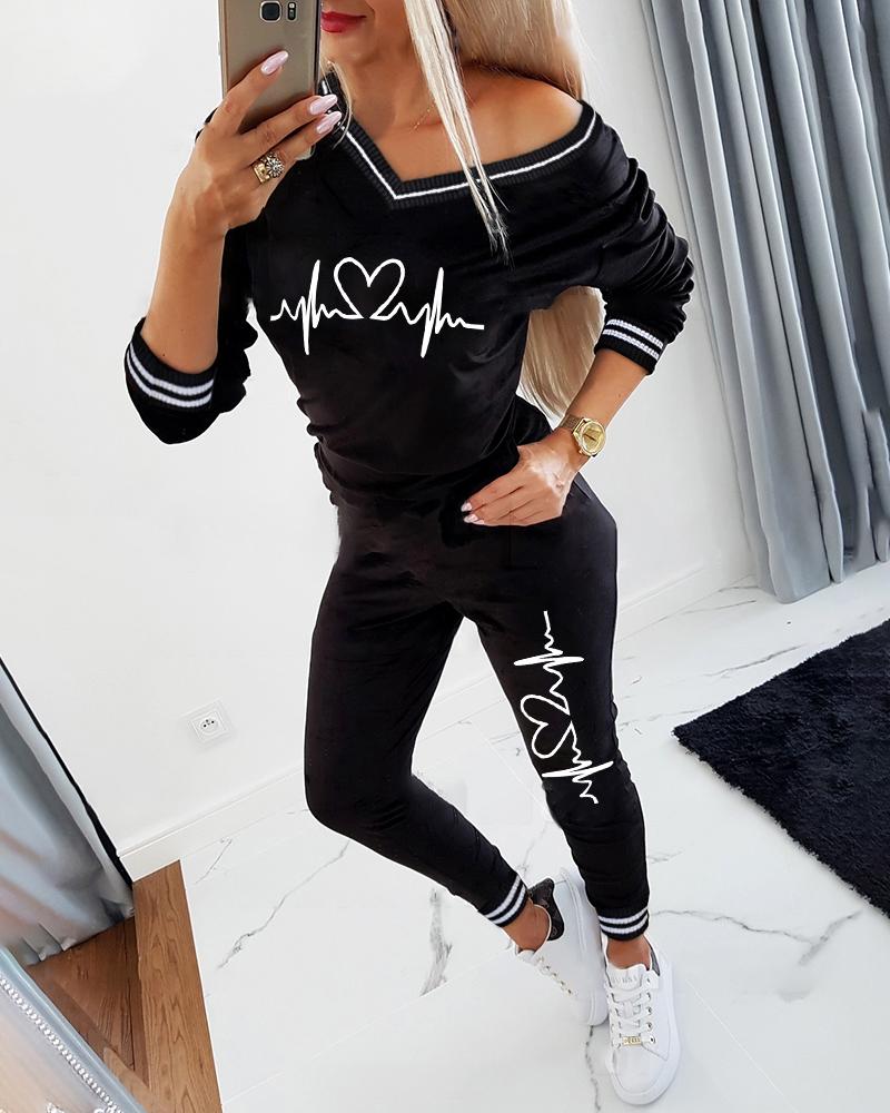 

Heart Print Long Sleeve Tee & Pocket Design Pants Set, Black