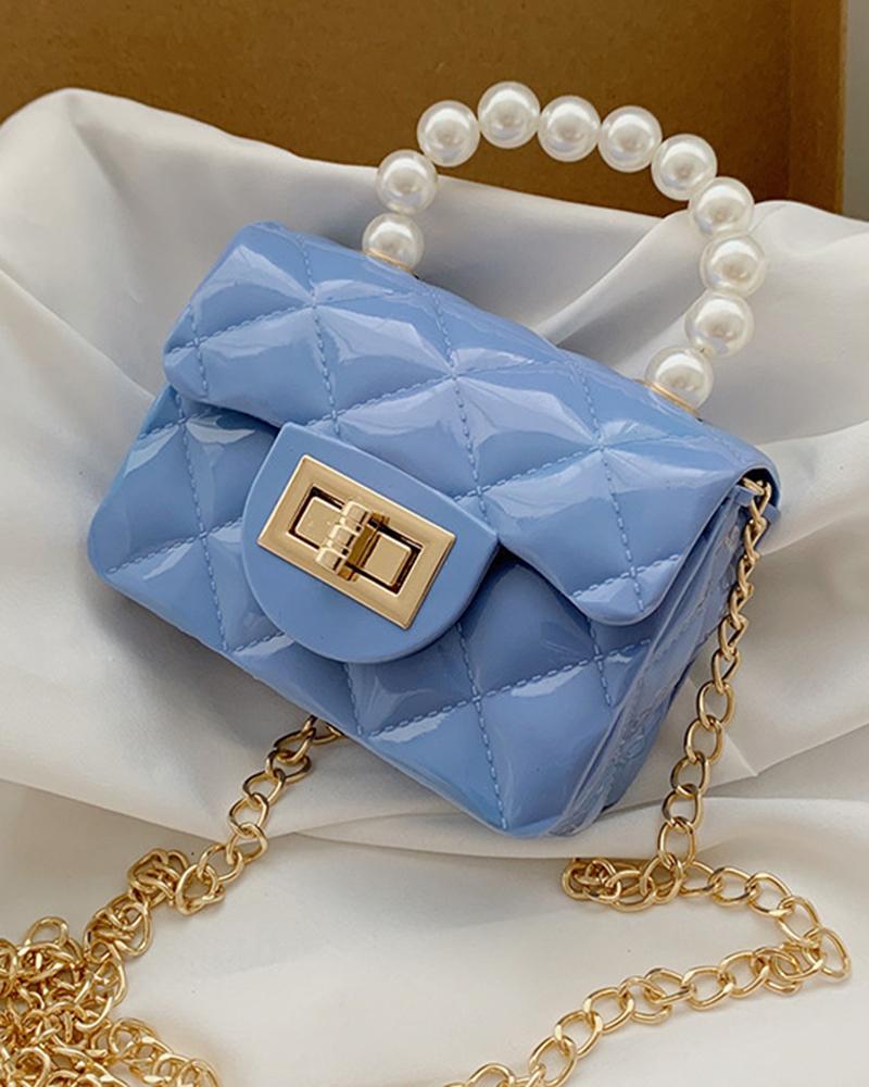 

Pastel Quilted Pearls Top Handle Chain Strap Mini Change Bag, Blue