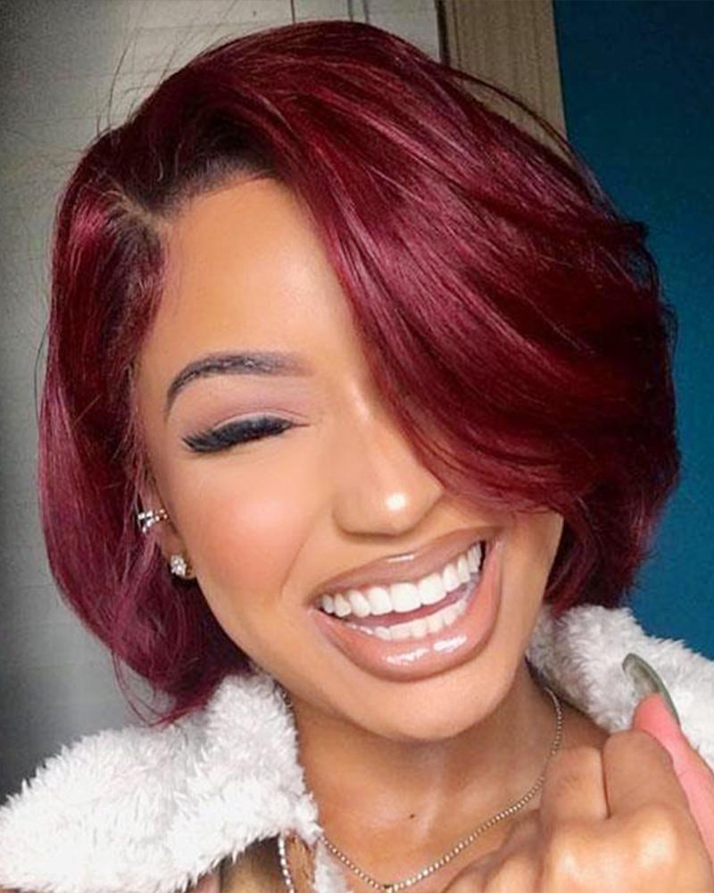 

Synthetic Lace Front Wig Short Straight Hair Wig Women's Side Part Wine Red Wigs