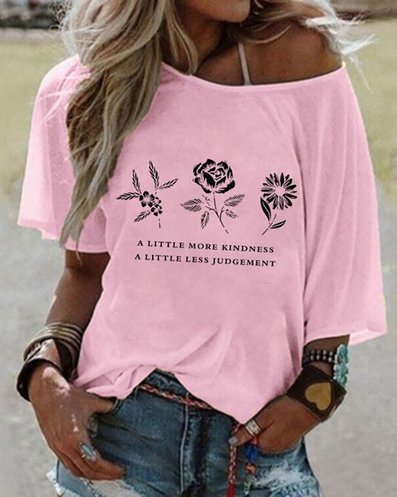 

Floral Letter Print One Shoulder Half Sleeve T-shirt, Pink