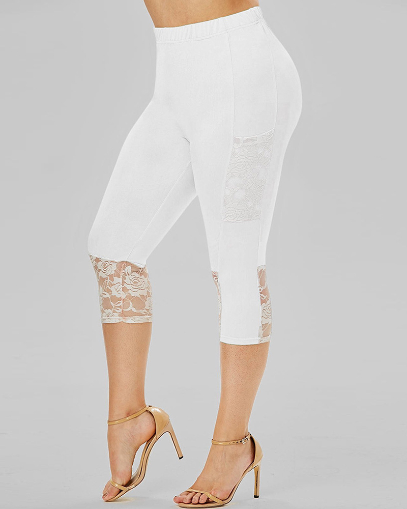 

Plus Size Lace Patch Pocket Design Skinny Pants, White