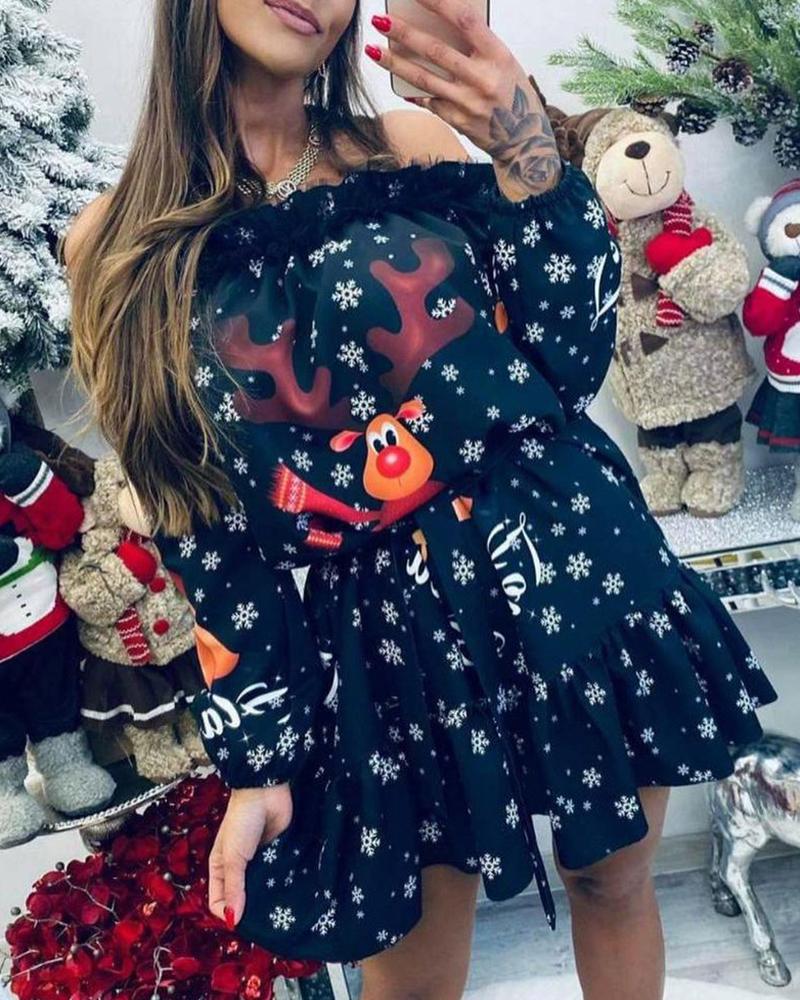 

Christmas Sheer Mesh Deer Snowflake Print Off Shoulder Casual Dress, Black