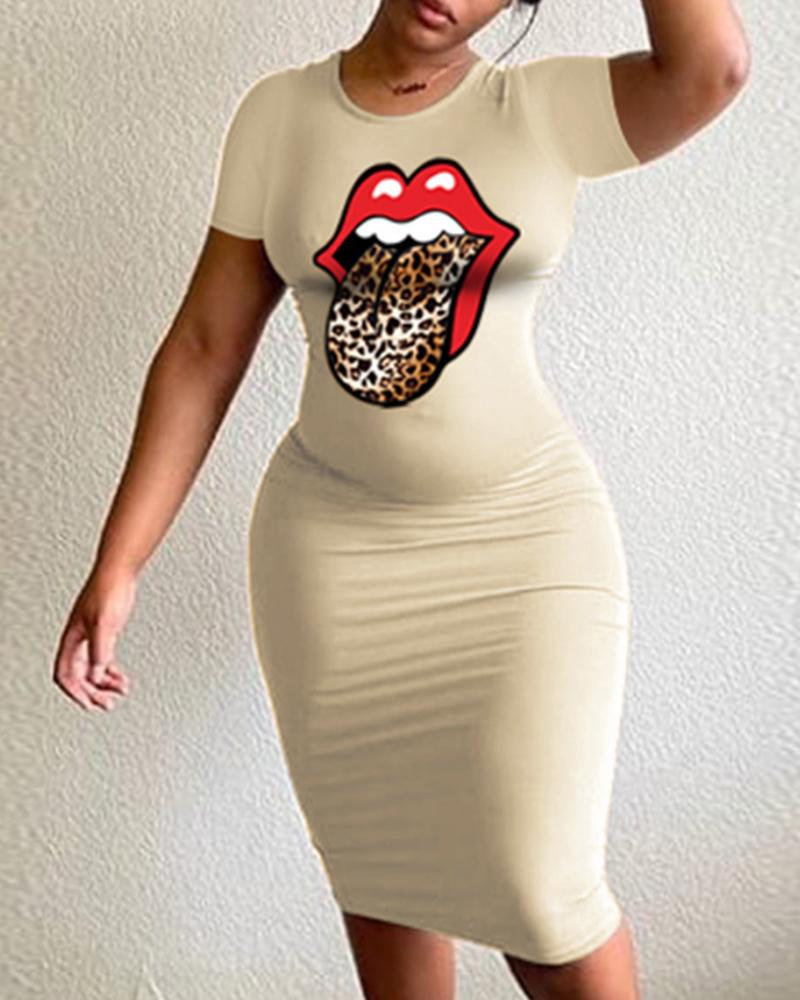 Cheetah Lip Print Short Sleeve T-shirt Dress