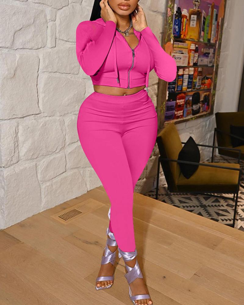 

Zipper Design Hooded Crop Top & High Waist Pants Set, Pink