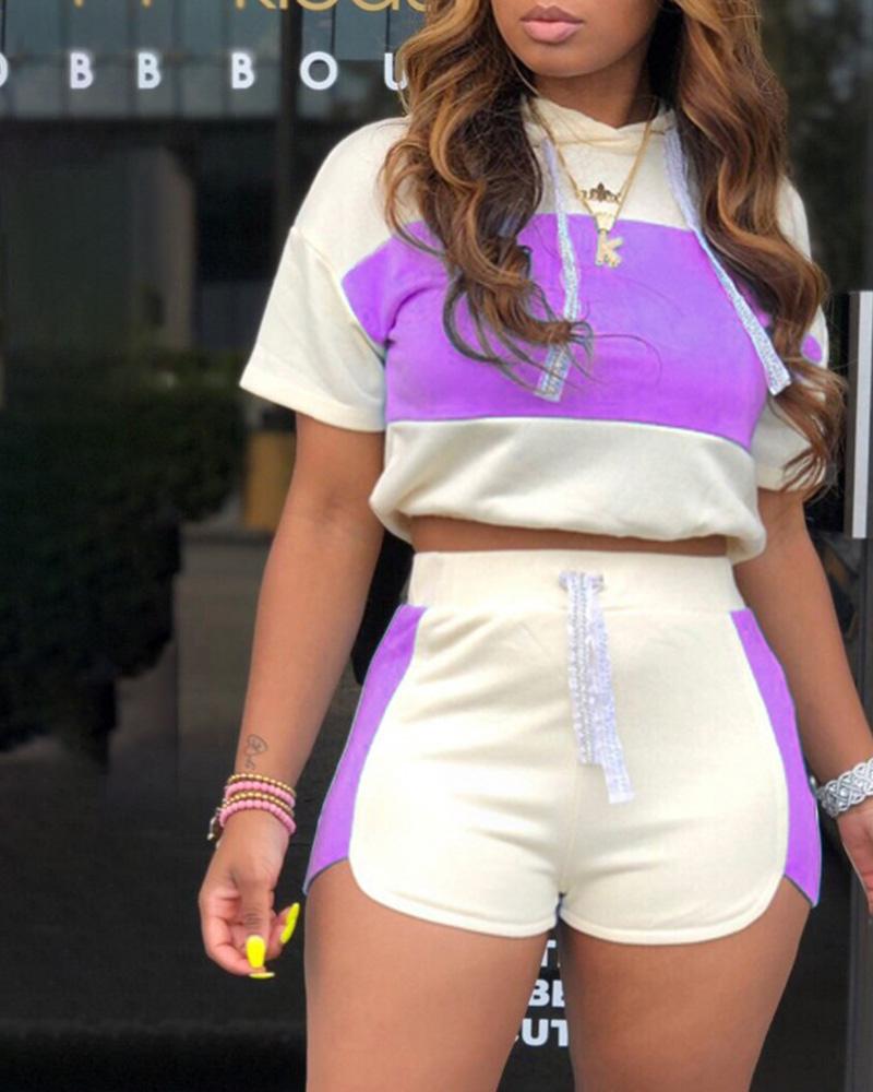 

Hooded Colorblock Sporty Top & Short Set, Purple