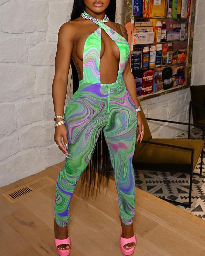 

Colorblock Halter Cutout Mesh Jumpsuit, Green