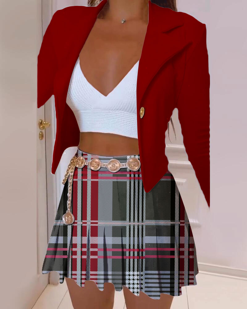 

Long Sleeve Blazer & Plaid Print Pleated Skirt Set, Red