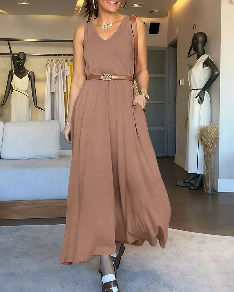 

V-Neck Sleeveless Minimalist Versatile Dress Casual Front & Back Reversible Loose Fit Maxi Dress, Coffee