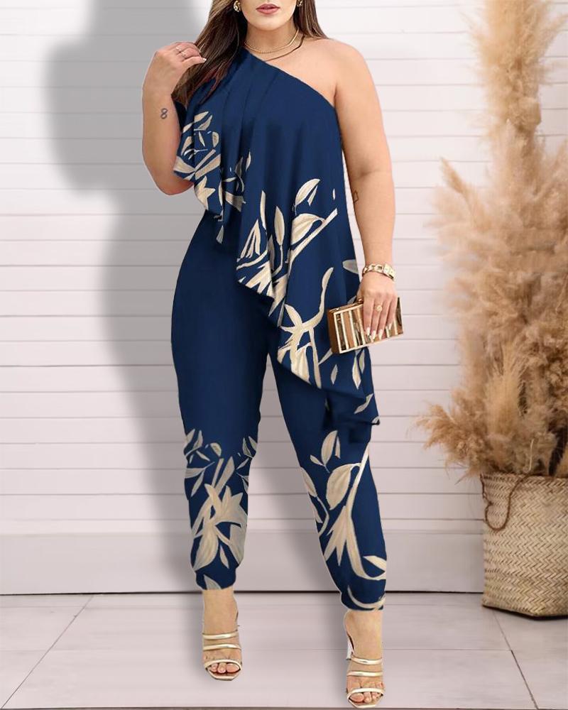 

Plus Size Plants Print One Shoulder Ruffles Jumpsuit, Blue