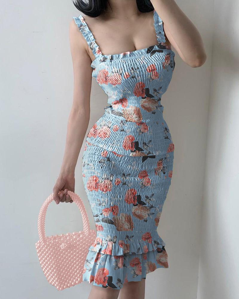 

Cami Blue Floral Printed Ruffle Ham Bodycon Dress