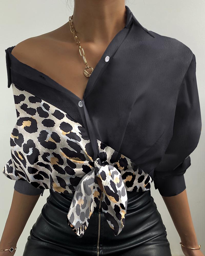 

Leopard Print tied Detail Buttoned Shirt, Black