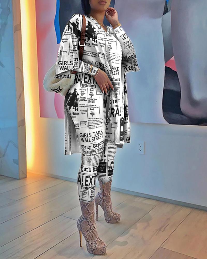 

Newspaper Print Side Slit Top & Skinny Pants Set, White