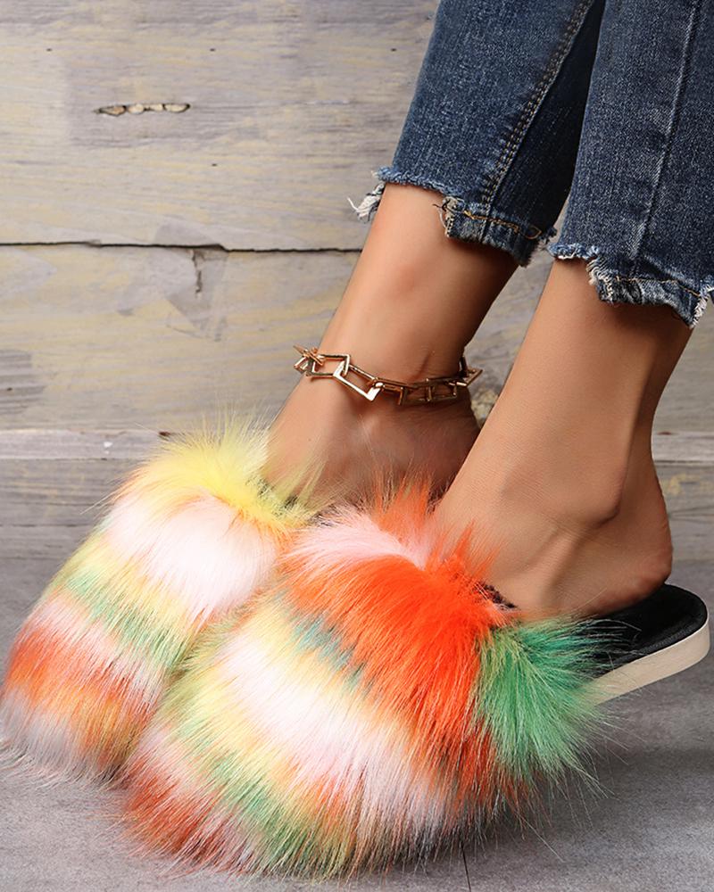 

Fluffy Colorblock Round Toe Slippers, Orange&green