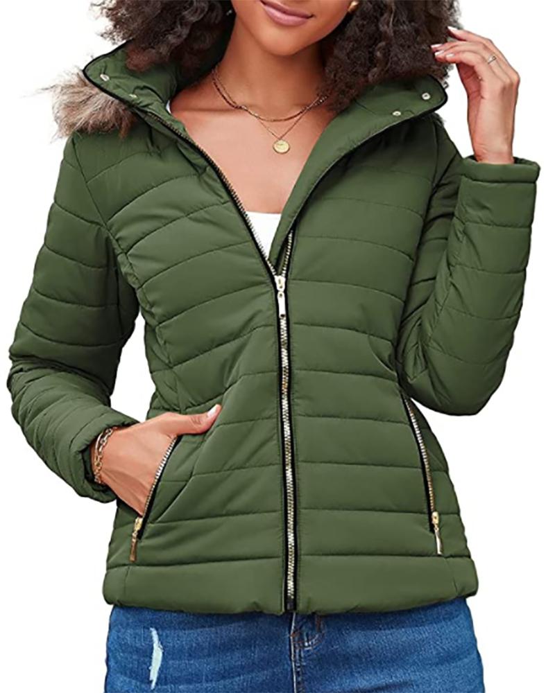 

Zipper Pocket Design Fuzzy Hooded Puffer Jacket, Army green