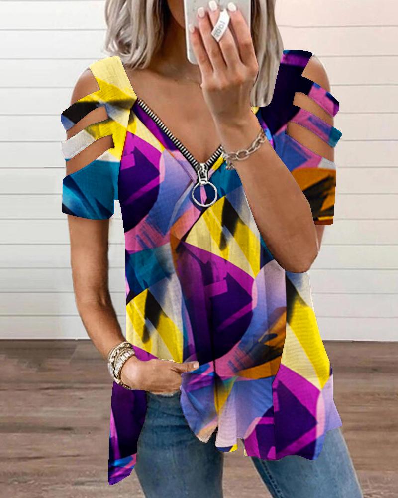 

Colorblock Zip Front Cutout Sleeve Top, Multicolor