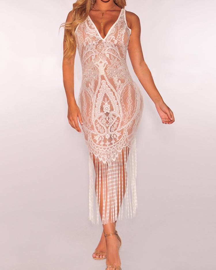 

Sexy Sheer Mesh Tassels Bodycon Dress Cover Ups, White