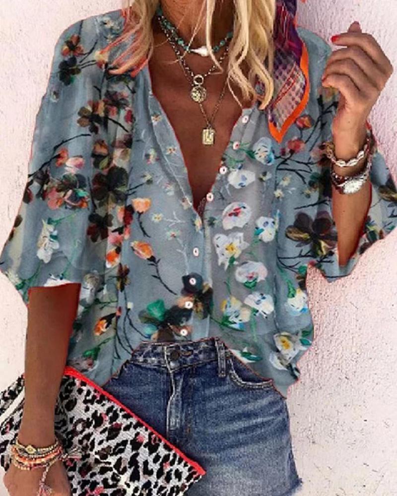

Buttom Front Floral Print Loose Half Sleeve Blouse, Blue