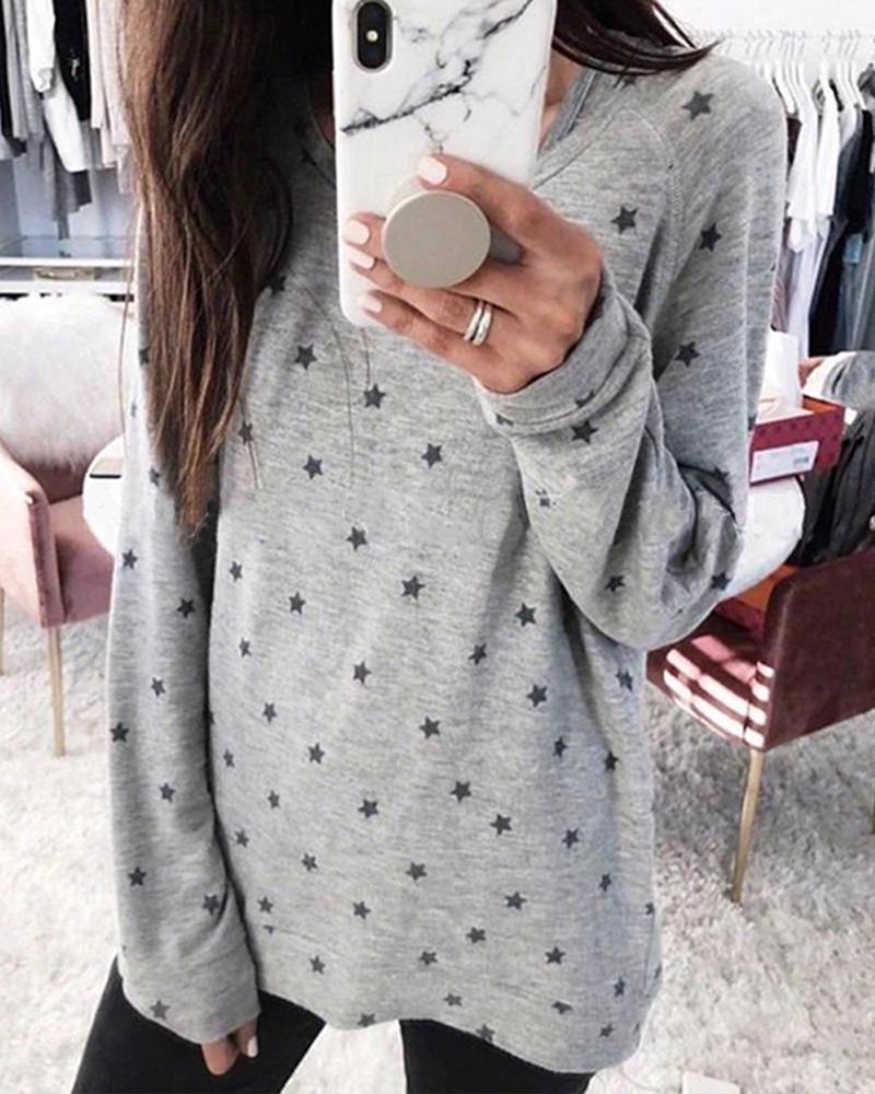 

Oversized Long Sleeve Star Pattern Top, Gray