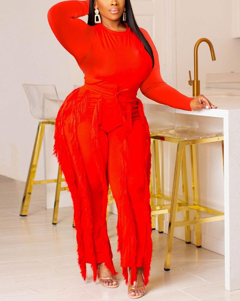 

Long Sleeve Top & Tassel Trim Pants Set, Red