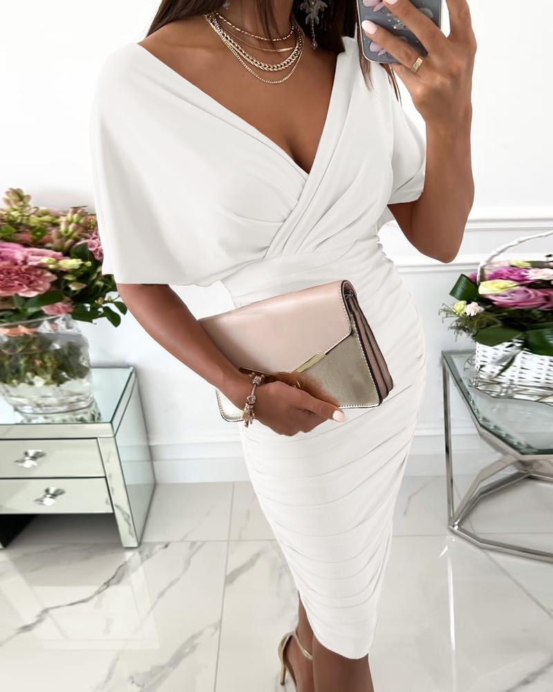 

Ruched Batwing Sleeve Party Dress, White