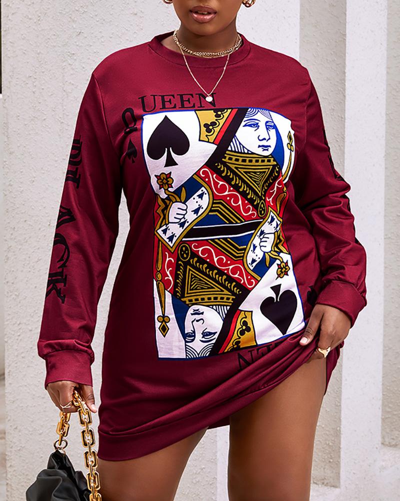 

Poker Letter Print Long Sleeve Casual Dress, Red