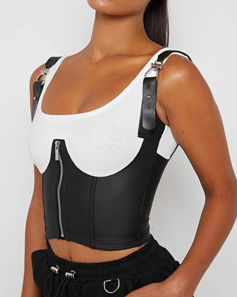 

Zipper Design PU Leather Patch Crop Top, White