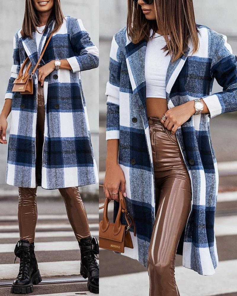 

Plaid Print Double Breasted Longline Coat, Blue