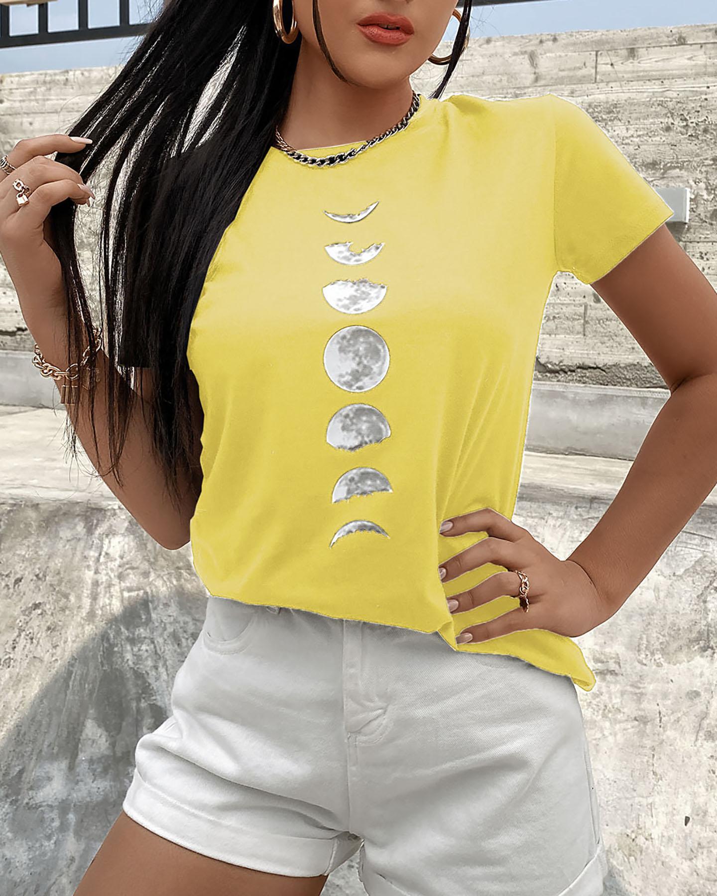

T shirt Moon Print Short Sleeve Casual Tops Cotton Casual Fashion, Yellow