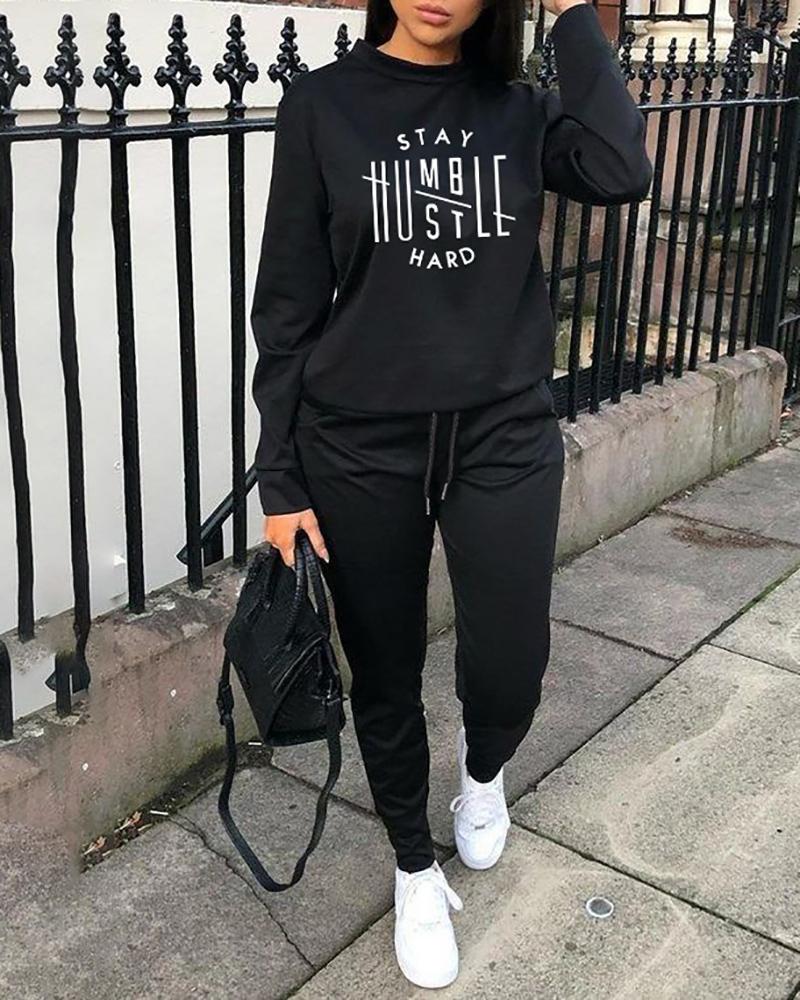 

Two Piece Sets Casual O-neck Long Sleeve Letter Print Sweatshirt & Drawstring Pants Set, Black