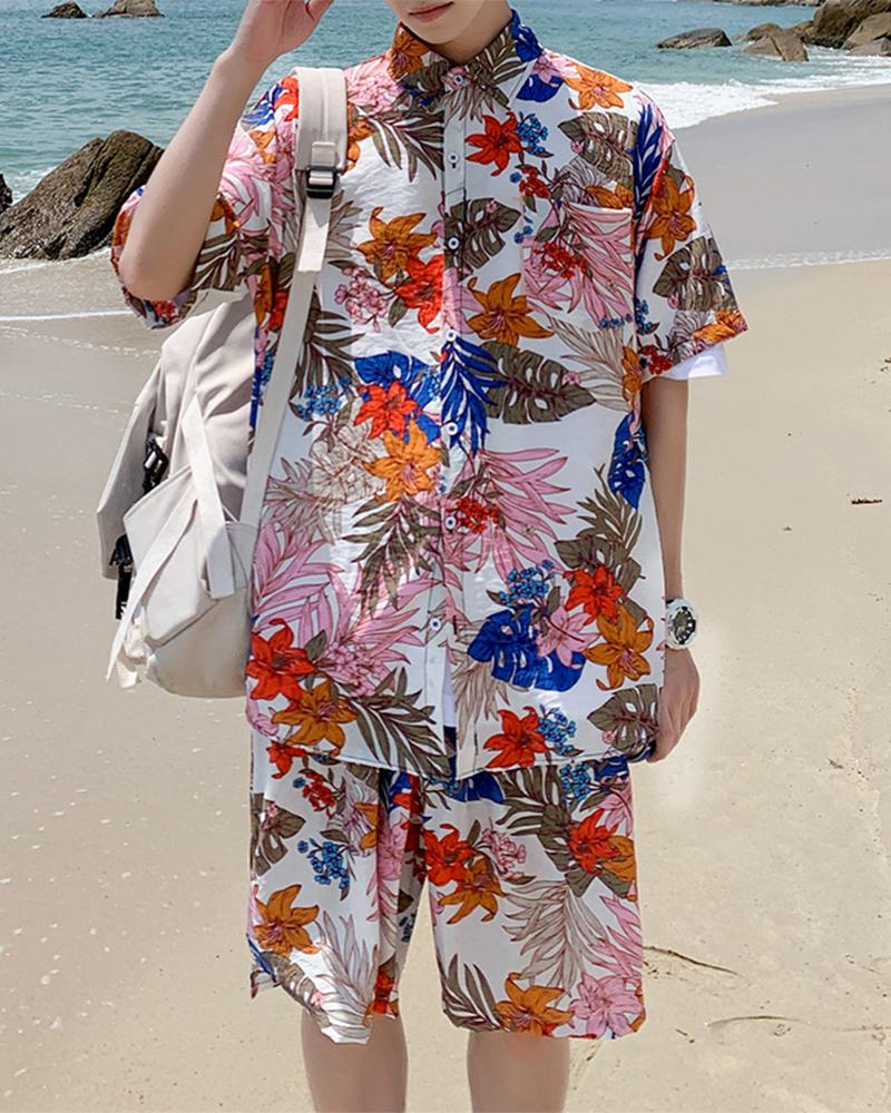 

Multicolor Floral Print Short Sleeve Button-up Shirts With Shorts Suit Sets
