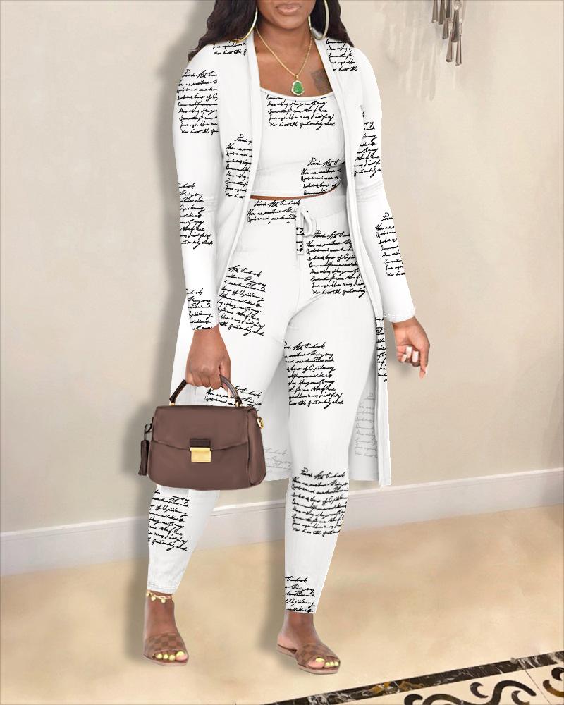 

3PCS Letter Print Cami Top & Pants Set With Longline Coat, White