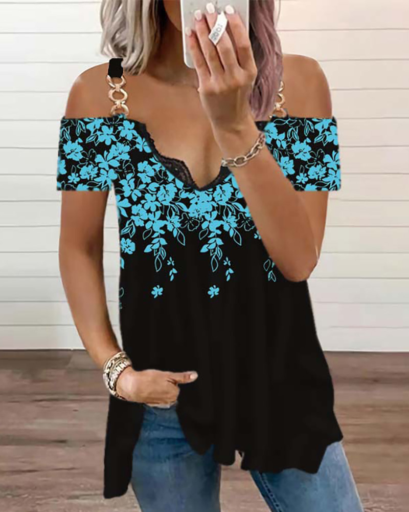 

Floral Print Chain Strap Cold Shoulder Top, Blue