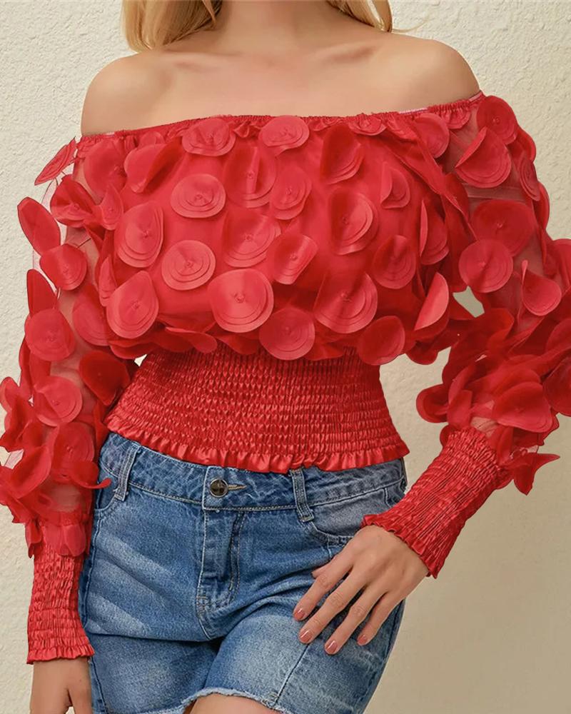 

Floral Pattern Shirred Sheer Mesh Patch Top, Red