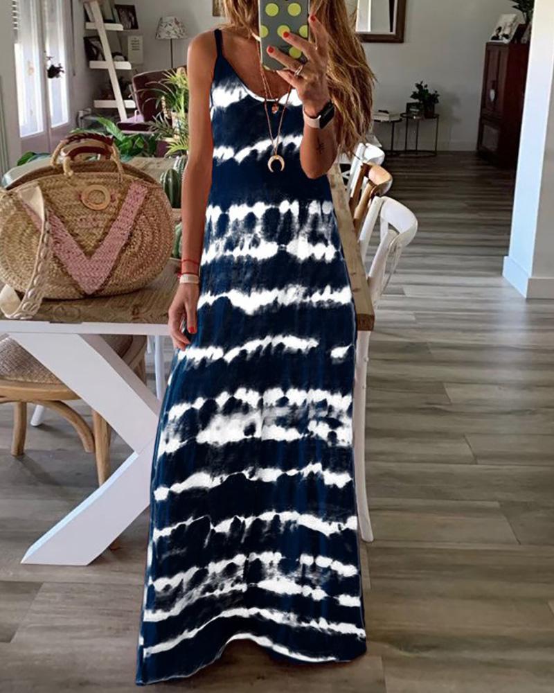 

V-Neck Tie Dye Print Casual Maxi Dress, Purplish blue