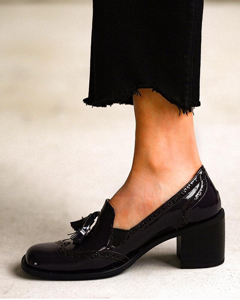 

Solid Tassel Upper Square-toe Patent Leather Block Heel Sandals, Black