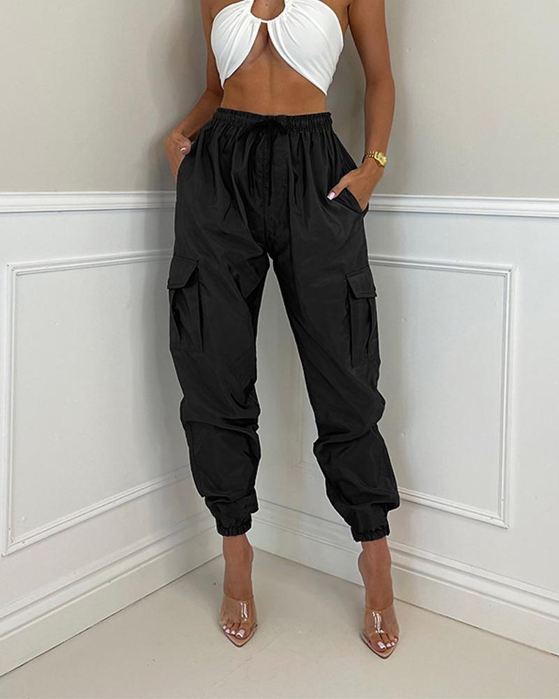 

Pocket Design Drawstring Cuffed Cargo Pants, Black