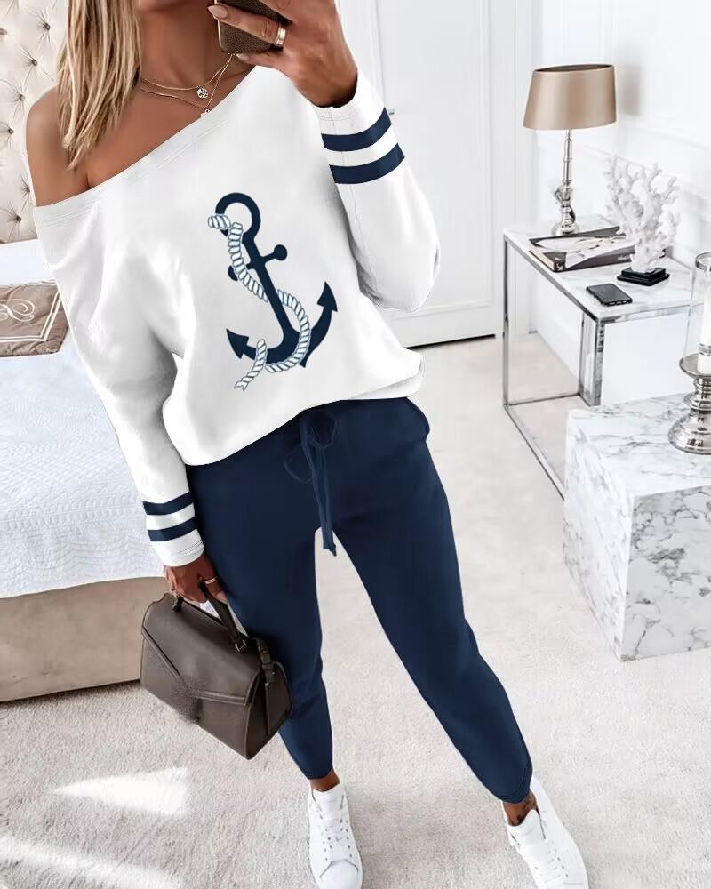 

2PCS Anchor Print Striped Skew Neck Top & Stretchy Waistband Pants Set, Blue