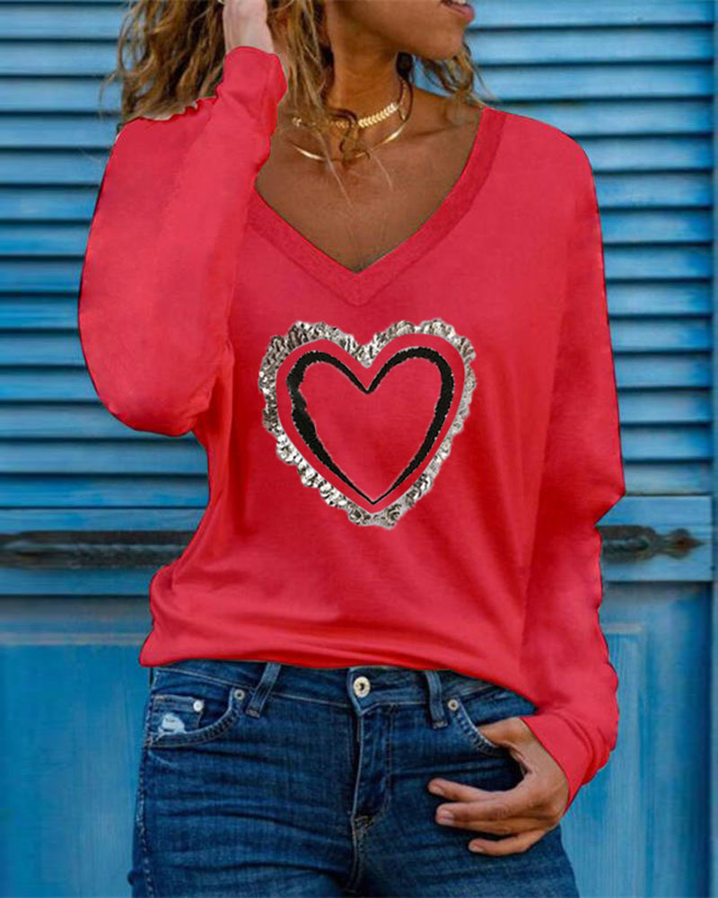 

Heart Print V-Neck Long Sleeve Top, Red