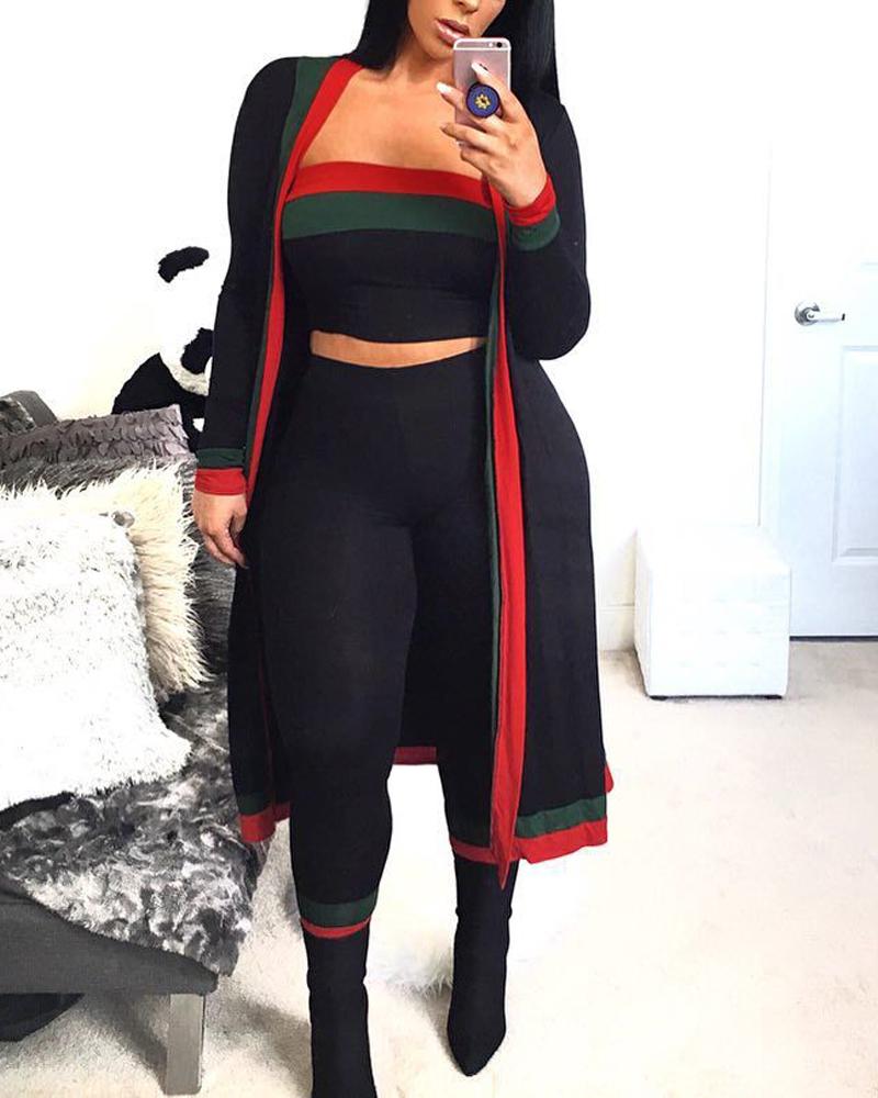 

3PCS Contrast Paneled Crop Tube Top & Pants Set With Longline Coat, Black