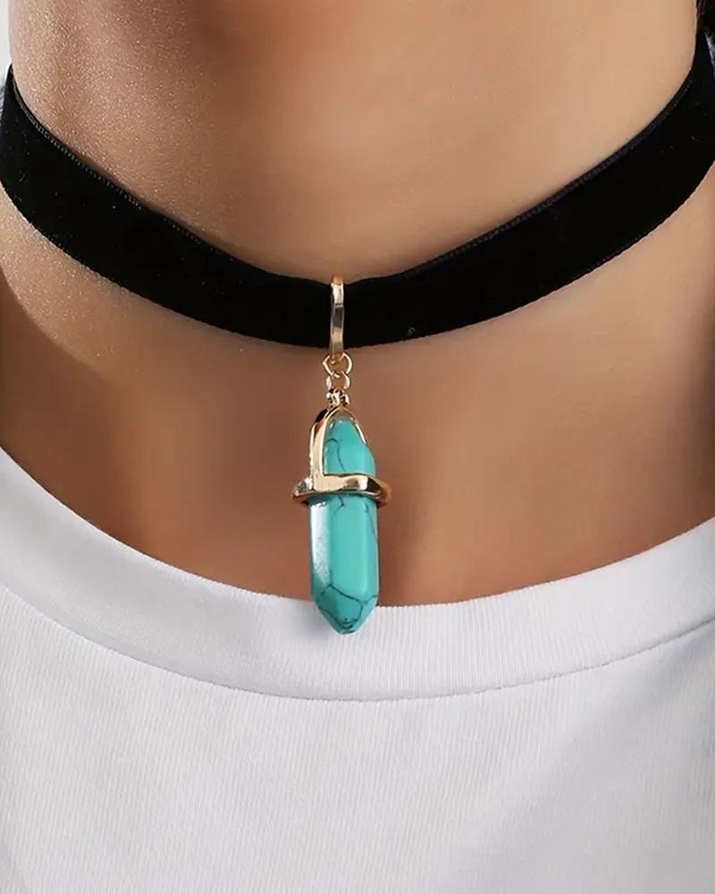 

1pc Jewelry Gift Hexagon Prism Turquoise Black Velvet Choker Necklace, Blue