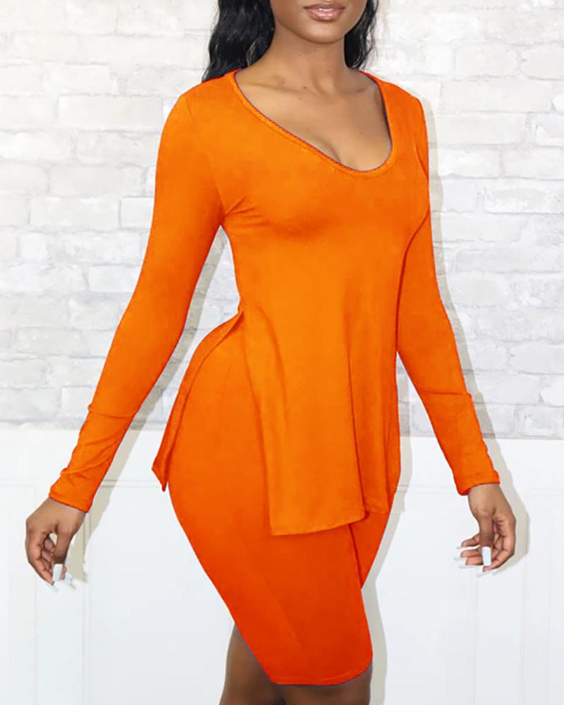 

Long Sleeve Slit Top & High Waist Shorts Set, Orange