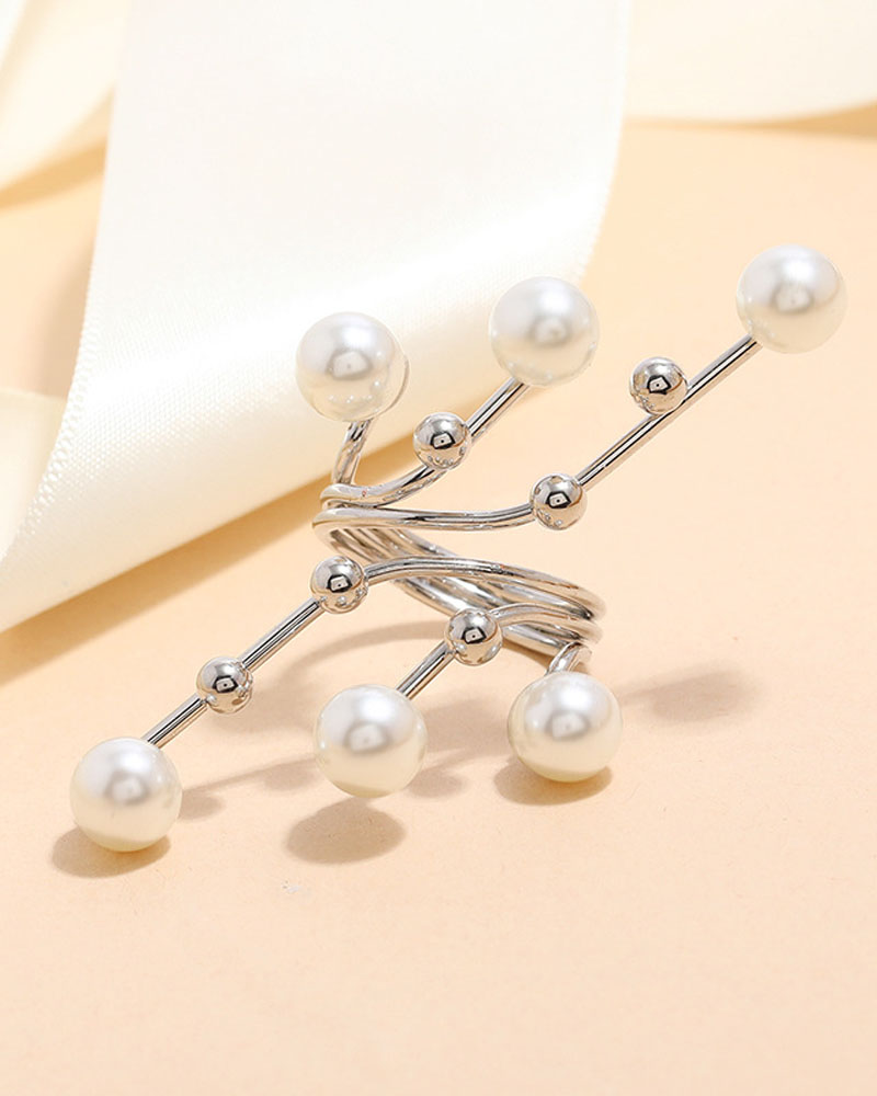 

1pc Pearls Metal Ball Decor Ring, Silver