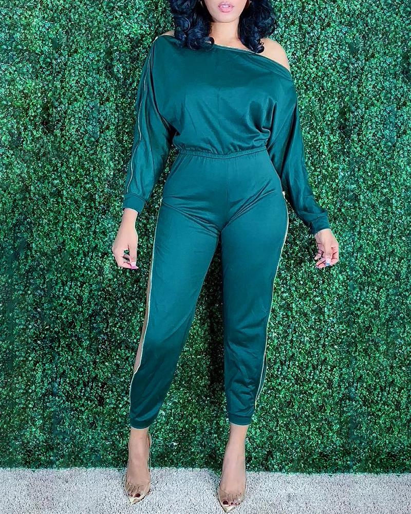 

One Shoulder Zipper Decor Casual Jumpsuit, Dark green