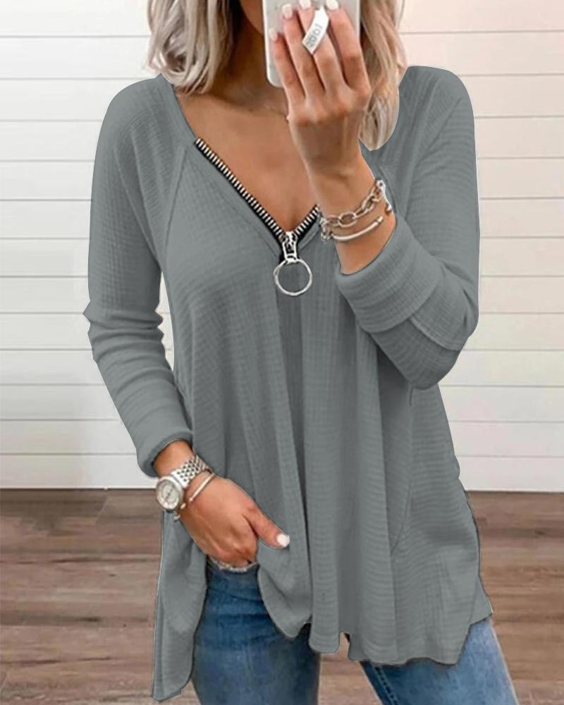 

Zip Front Long Sleeve Casual Top, Gray