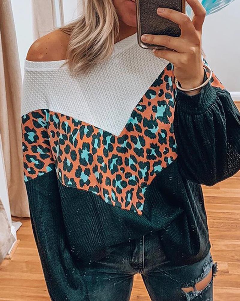 

Cheetah Print Colorblock Lantern Sleeve Sweater, Black