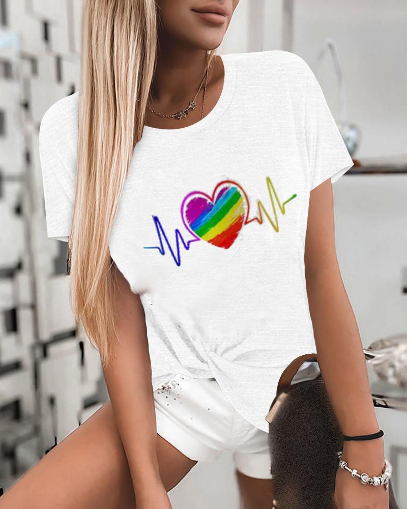 

Multicolor Heart Print Short Sleeve T-shirt, Style1