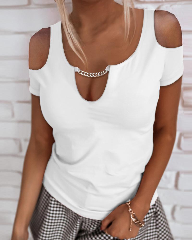 

Cold Shoulder Chain Strap Cutout T-shirt, White